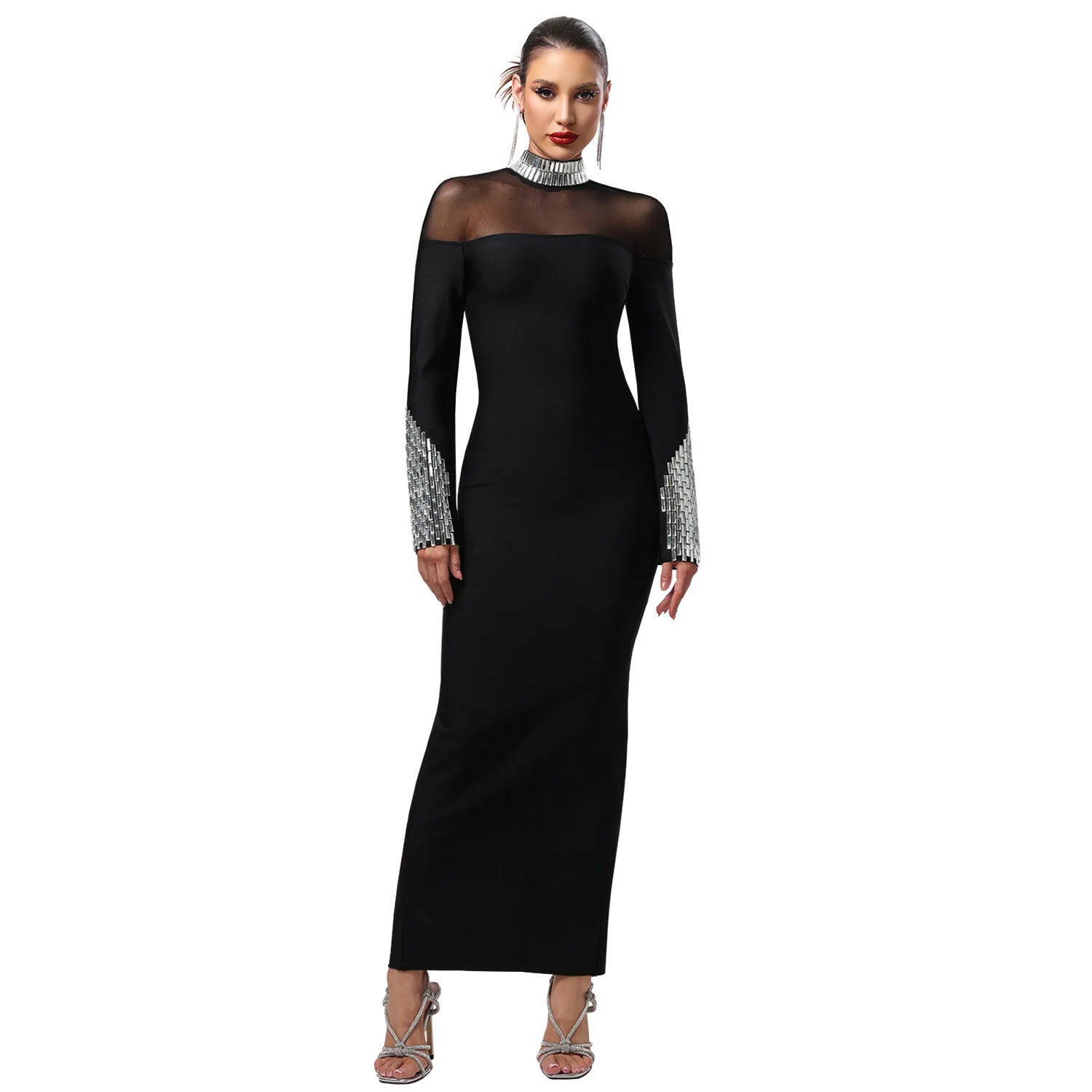 Women Wear High Collar Long Sleeve Slim Fit Rhinestone Dress