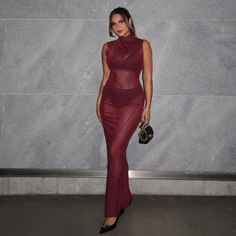 Spring Women Clothing Solid Color Sexy Sheer Mesh High Waist Figure Flattering Sheath Dress