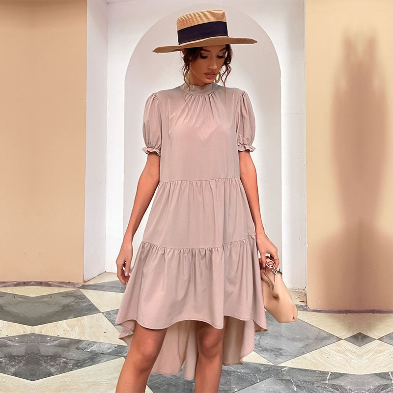 High Waist Solid Color Irregular Asymmetric Loose Pleated Dress Casual Babydoll Dress