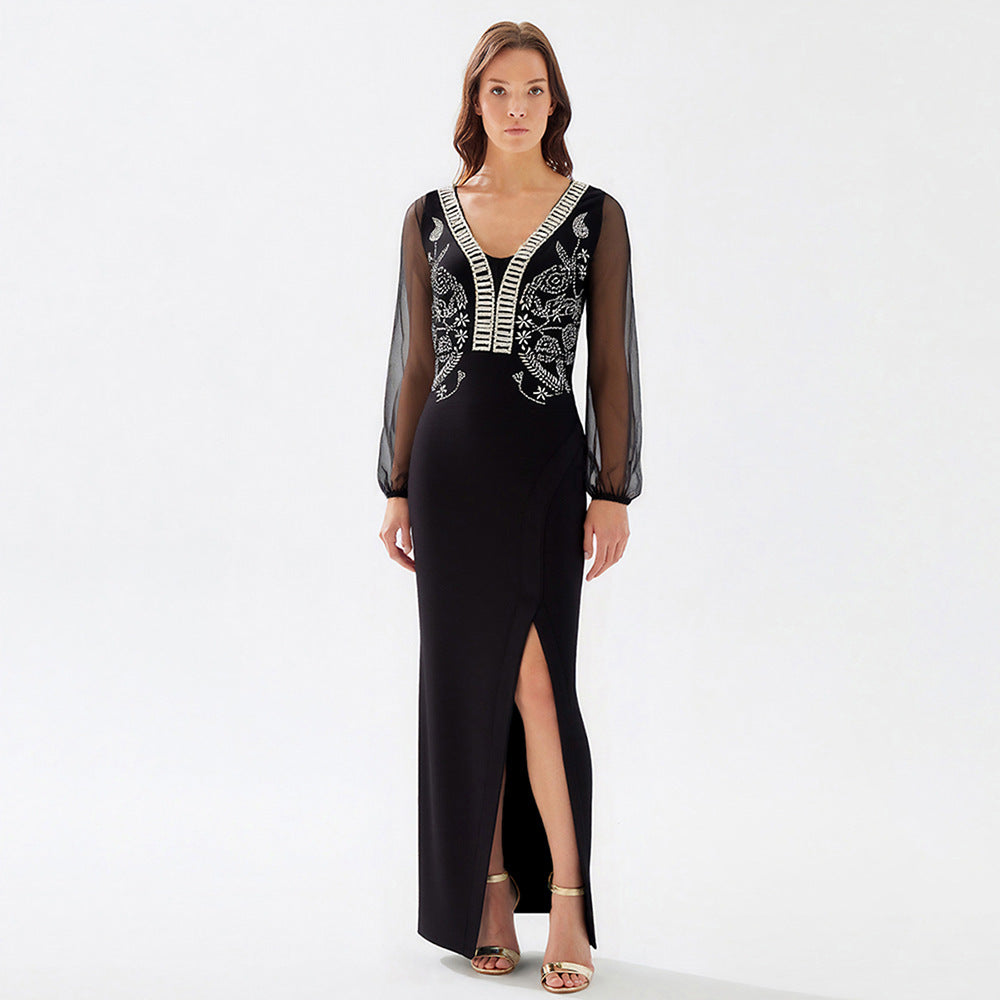 Heavy Industry Beads Drilling Sexy V neck Slit Mesh Long Sleeve Stitching Bandage One Piece Long Dress