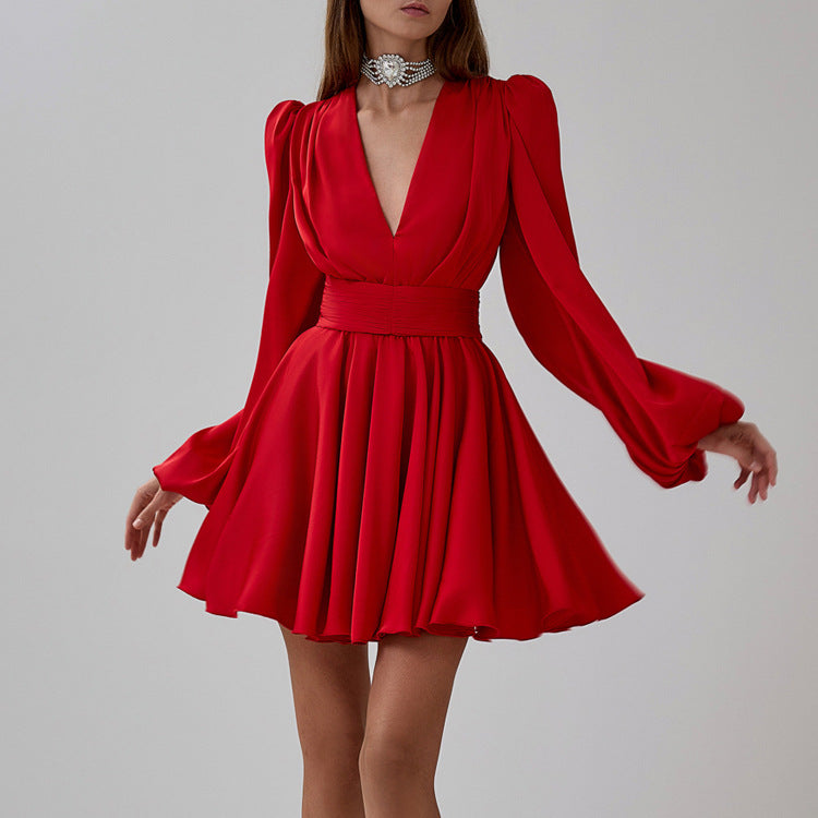 French Pleated Dress Women Puff Sleeve V neck Waist Seal Slimming Satin A line Dress
