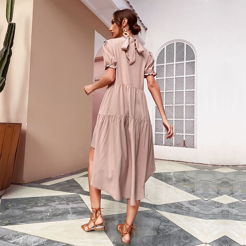 High Waist Solid Color Irregular Asymmetric Loose Pleated Dress Casual Babydoll Dress