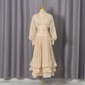 Spring Elegant Retro Lantern Sleeve Breasted Ruffled Maxi Dress Waist Slimming Dress