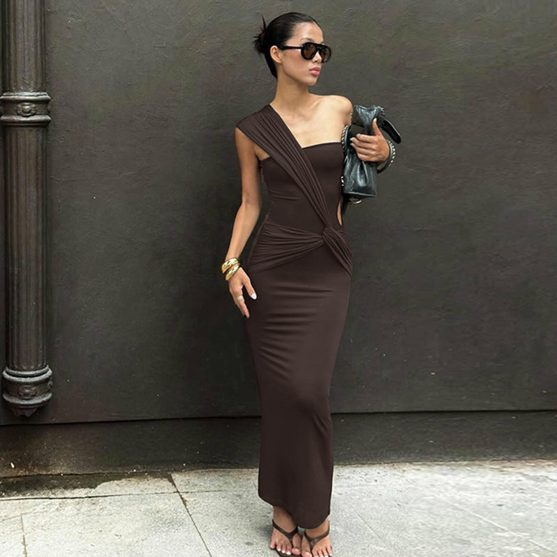 Women Clothing Winter Sexy Side Hollow Out Cutout Cross Strap One Shoulder Dress