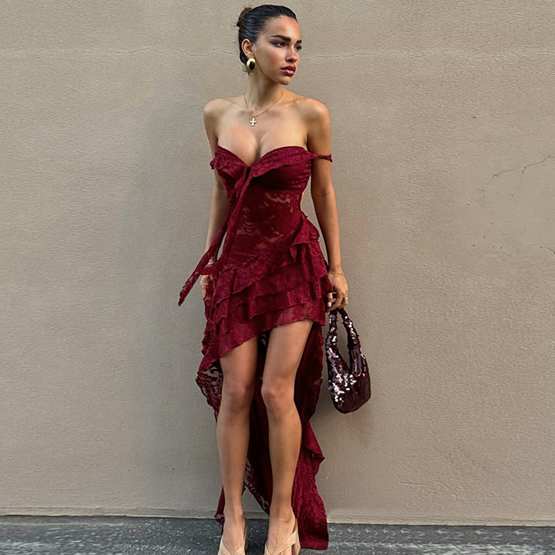 Women Clothing Summer Lace Sexy Slim Fit Tied Hollow Out Cutout out See through Irregular Asymmetric Tube Top Dress
