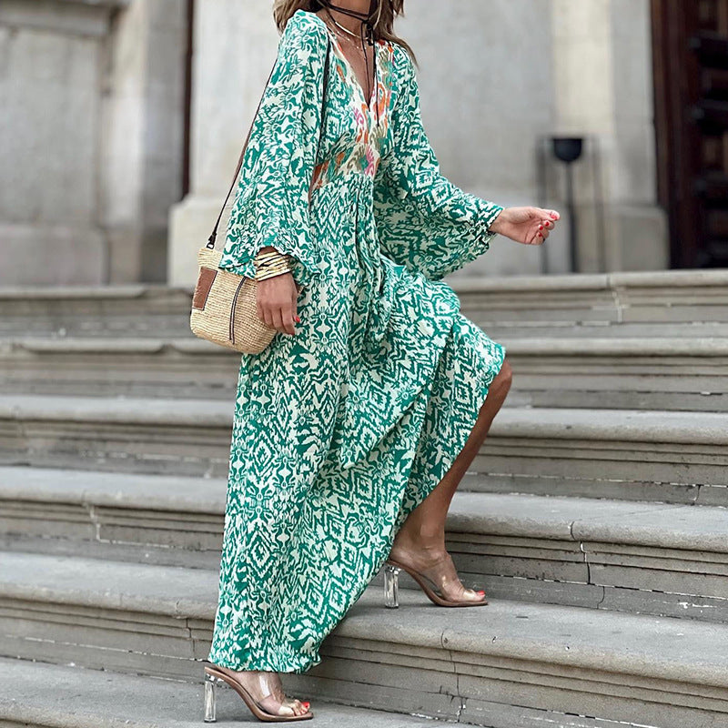 Autumn Women Casual V neck Long Sleeve Mid Length Printed Dress