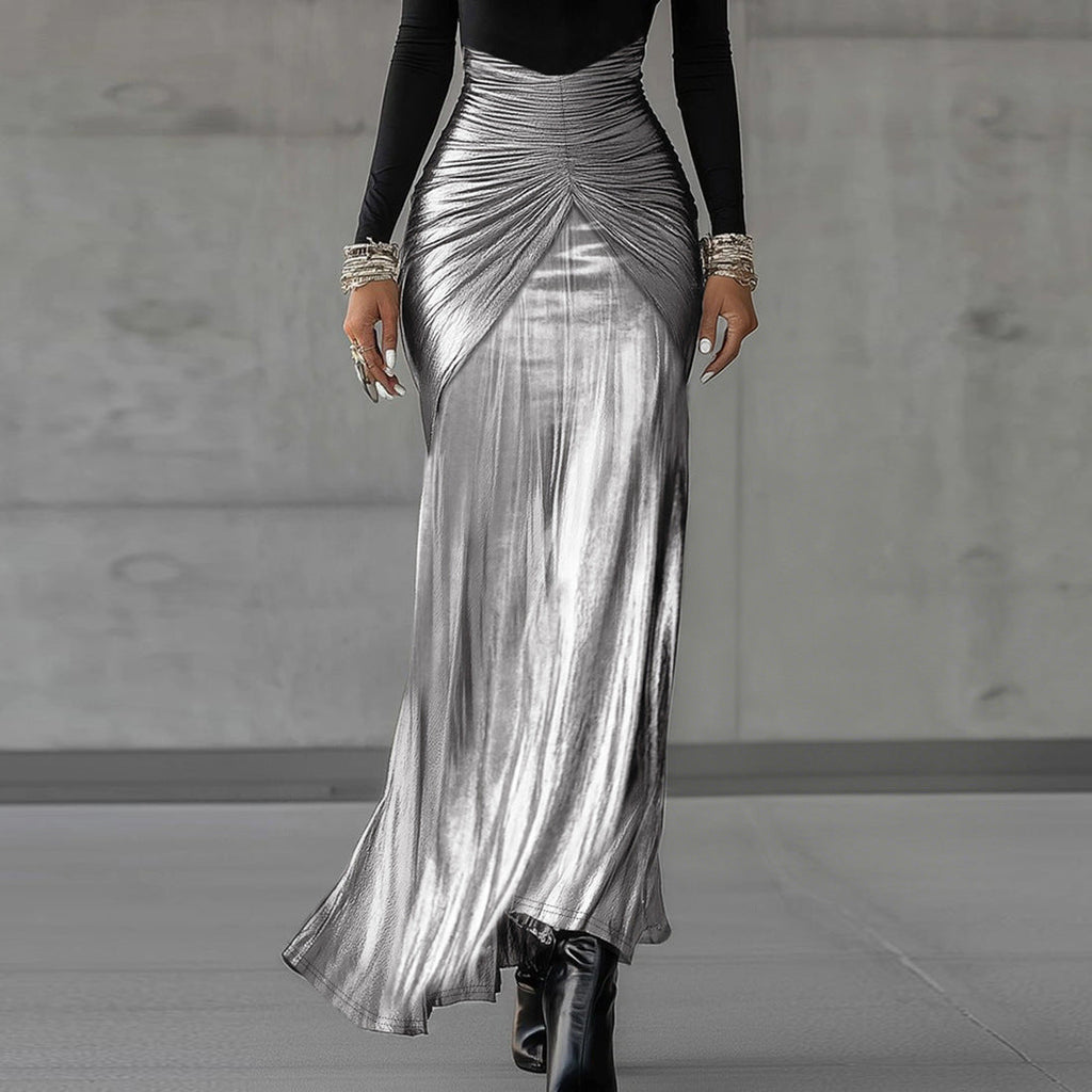 Winter Women Clothing Fashionable Elegant Long Sleeve Stitching Ruffle Waist Tight Elegant Dress