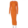 Women Clothing Autumn Casual Solid Color round Neck Long Sleeve Slim Dress
