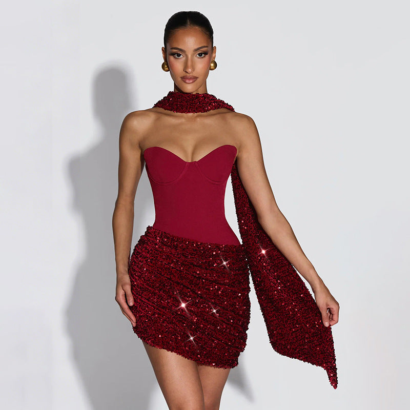 Women Clothing Autumn Winter Sexy Halter Ribbon Asymmetric Pleated Draped Mini Dress