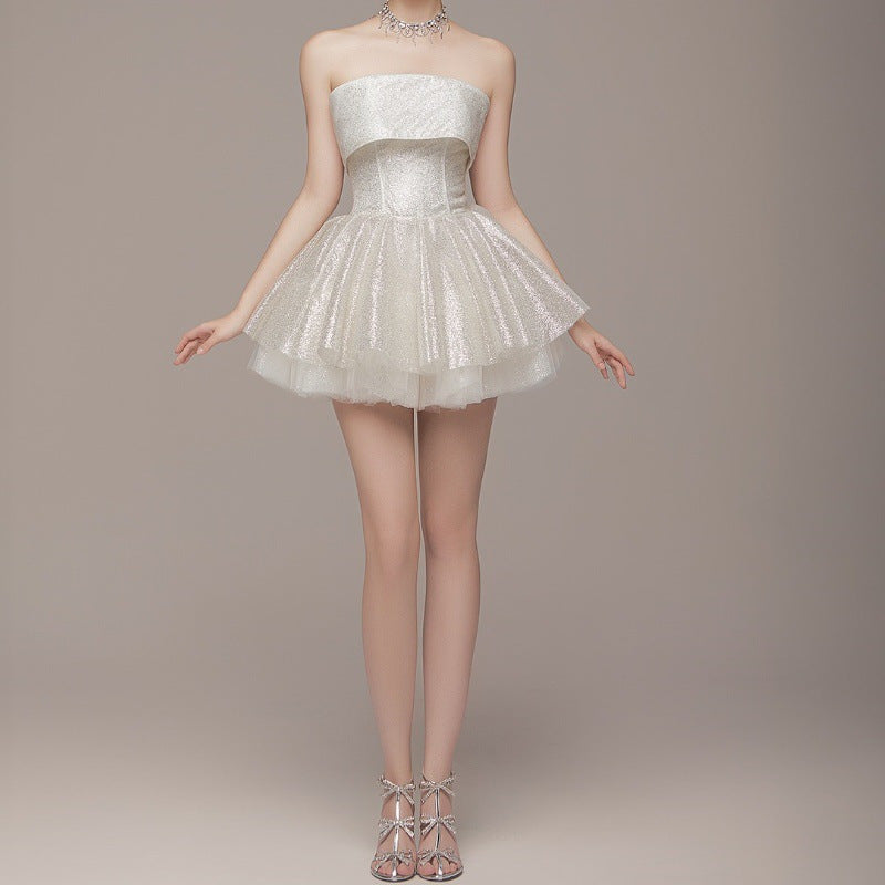 Women Clothing Spring Sexy Elegant Lady off Shoulder Tube Top Short Type Dress Women
