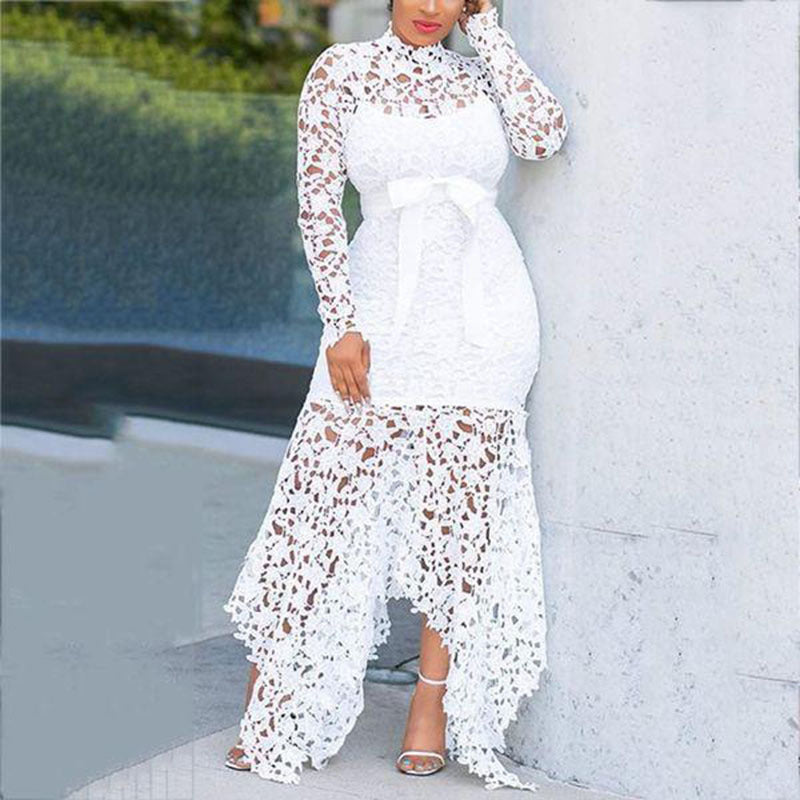 Women Clothing Wish Lace Hollow Out Cutout out Long Sleeve Stand-up Collar Tie 5 Colors Irregular Asymmetric Plus size