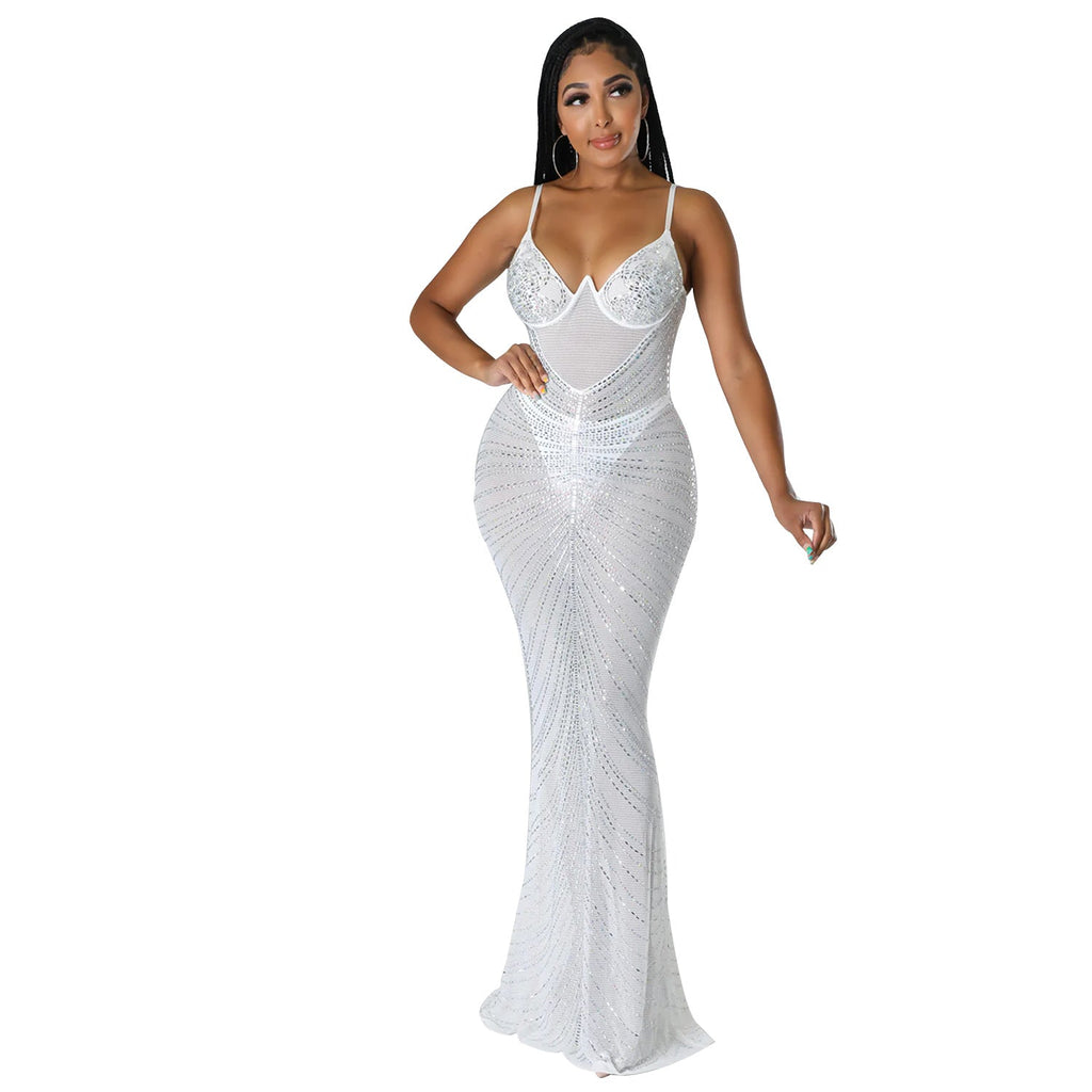 Summer Women Clothing Sexy Mesh Drilling Night Club Slip Dress Women