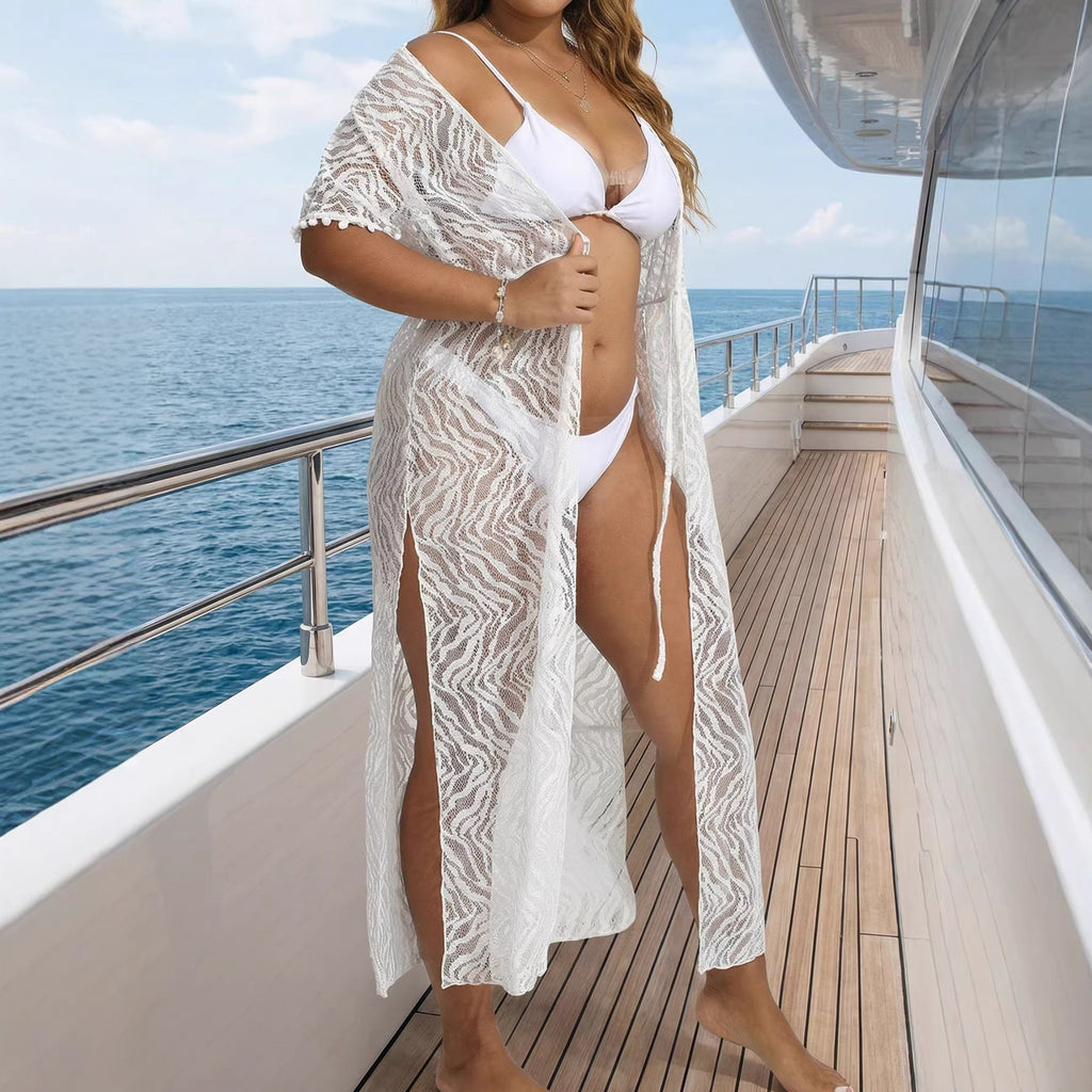 Women Coat Women Clothing Sexy Deep V Plunge See through Lace Waist Trimming Lace up Beach Beach Cover Up Split