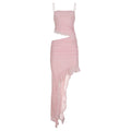 Vacation Women Clothing Cropped Outfit Ruffled Mesh Dress Irregular Asymmetric Solid Color Elegant Graceful Halter