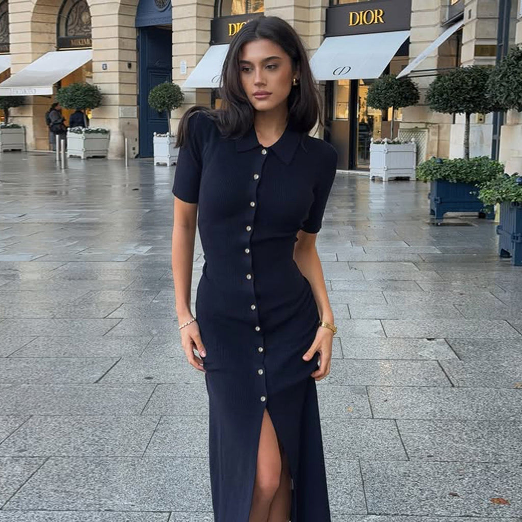 Women Basic Solid Color Knitted Breasted Polo Collar Short Sleeve Dress Elegant Dress