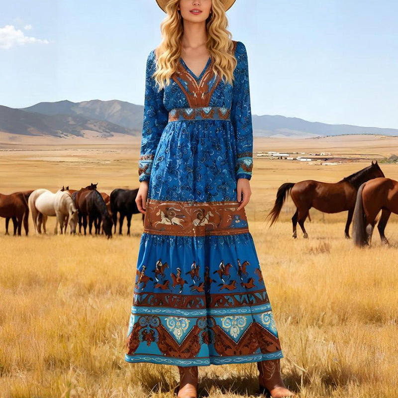 Women Printed Bohemian Long Sleeve Long Dress