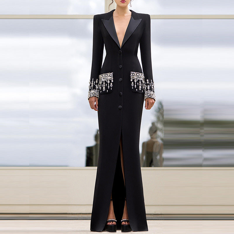 Heavy Industry Beads Diamond Tailored Collar Dress Dress Fishtail Dress