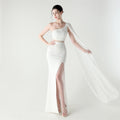 Single Shoulder Crossbody Stitching Mesh Design Satin Slim Cocktail Dress Evening Dress