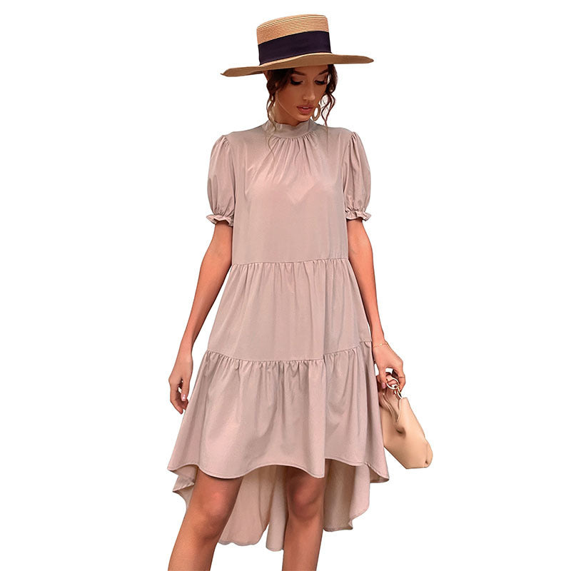 High Waist Solid Color Irregular Asymmetric Loose Pleated Dress Casual Babydoll Dress