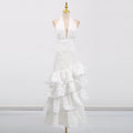 French Elegant Ruffled Maxi Dress Pure White Deep V Plunge neck Halter Backless Sleeveless Autumn Dress
