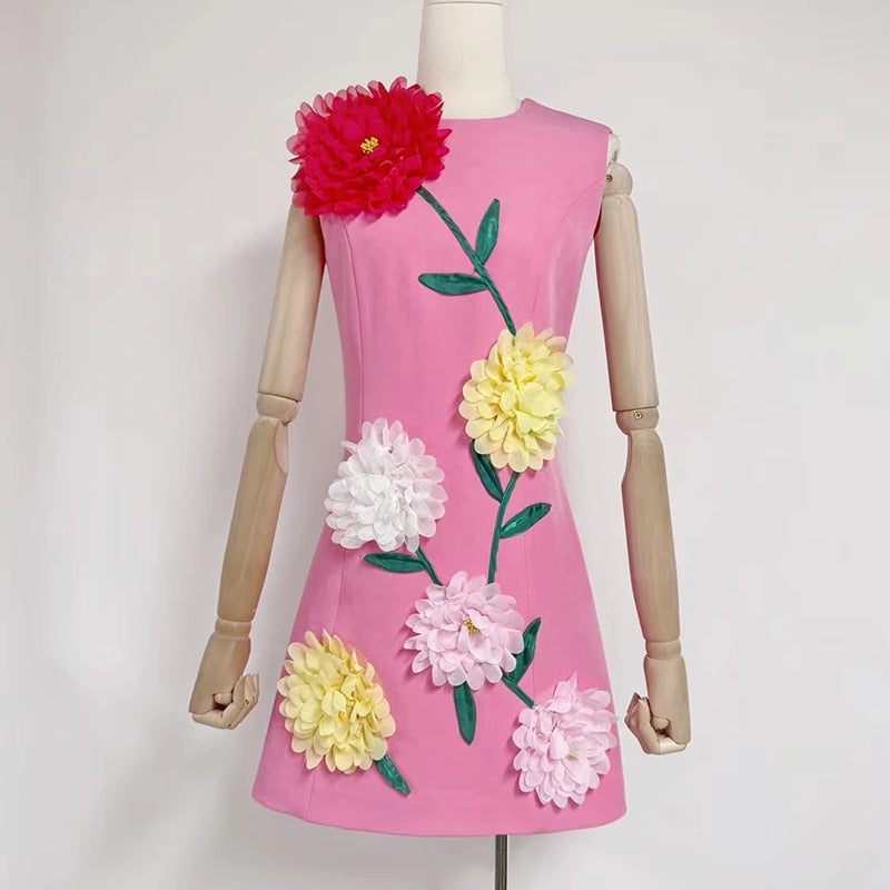 Personalized Minority Chic Short Dress Autumn Patchwork Three Dimensional Floral Design Slim Fit Slimming Dress Women