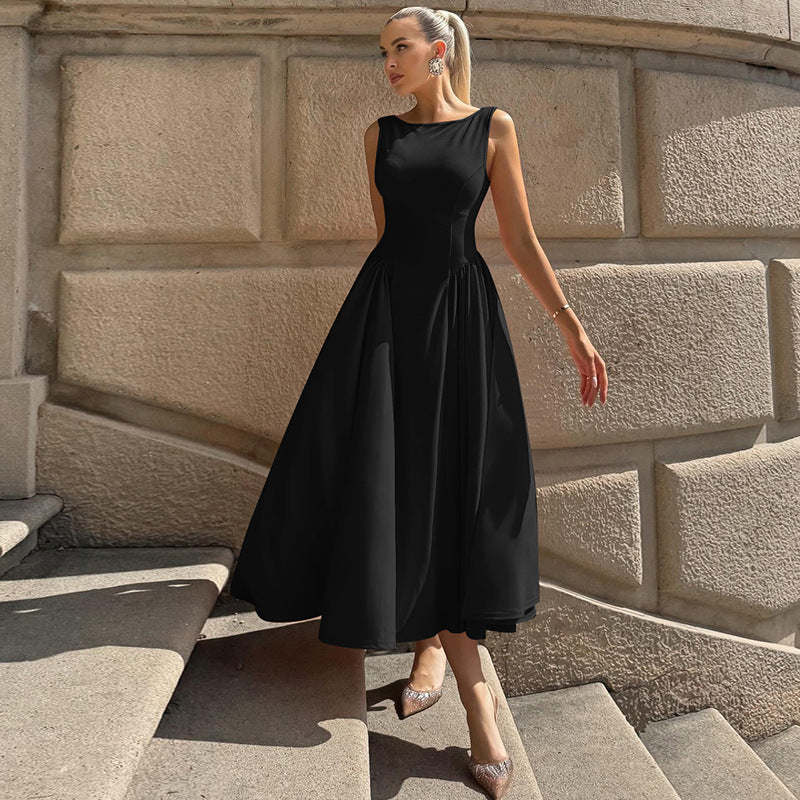 Women Clothing Autumn Solid Color round Neck Sleeveless Pleated Large Swing Dress Fashionable Elegant Dress