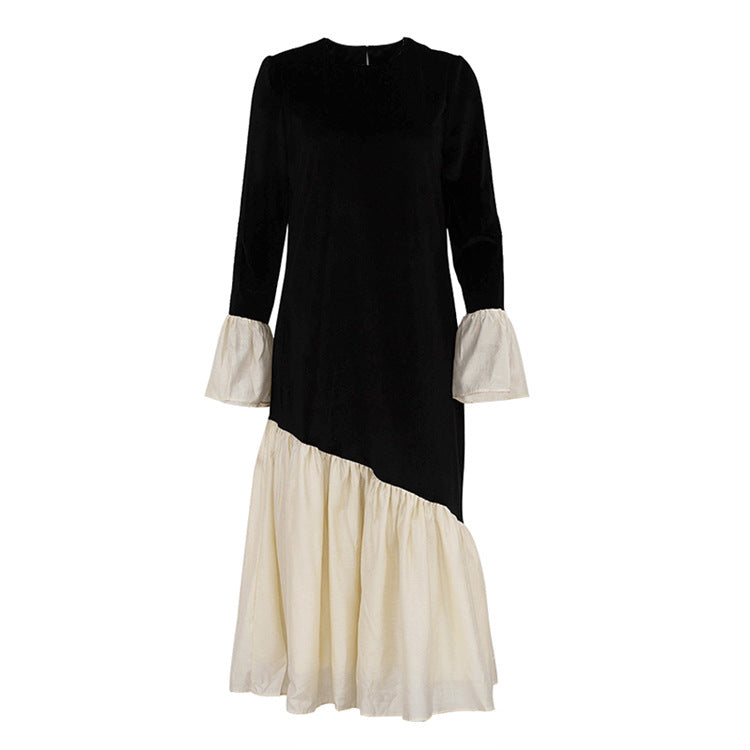 Korean Velvet Autumn French Stitching round Neck Flared Sleeves Dress Loose Maxi Dress Women Clothing