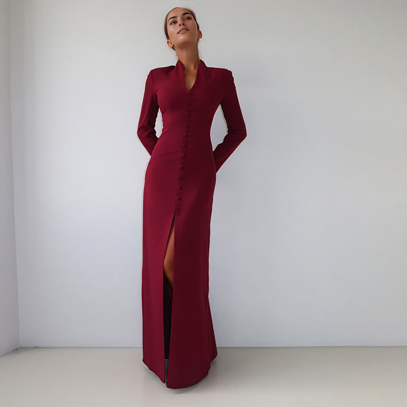 Autumn French Solid Color V neck High Waist Slim Slimming Slit Dress