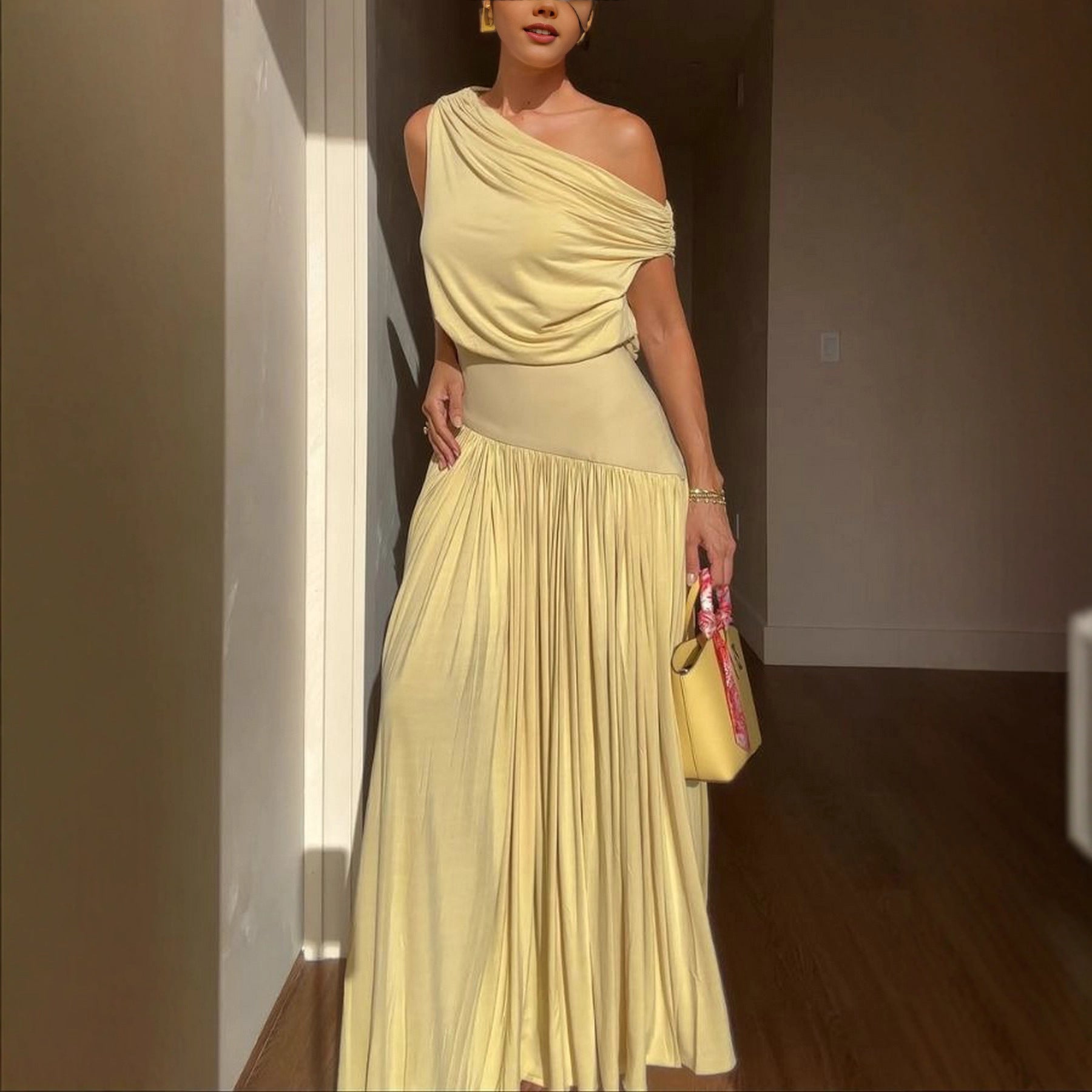 Women Elegant One Shoulder Cold Shoulder Waist Long Solid Color Dress