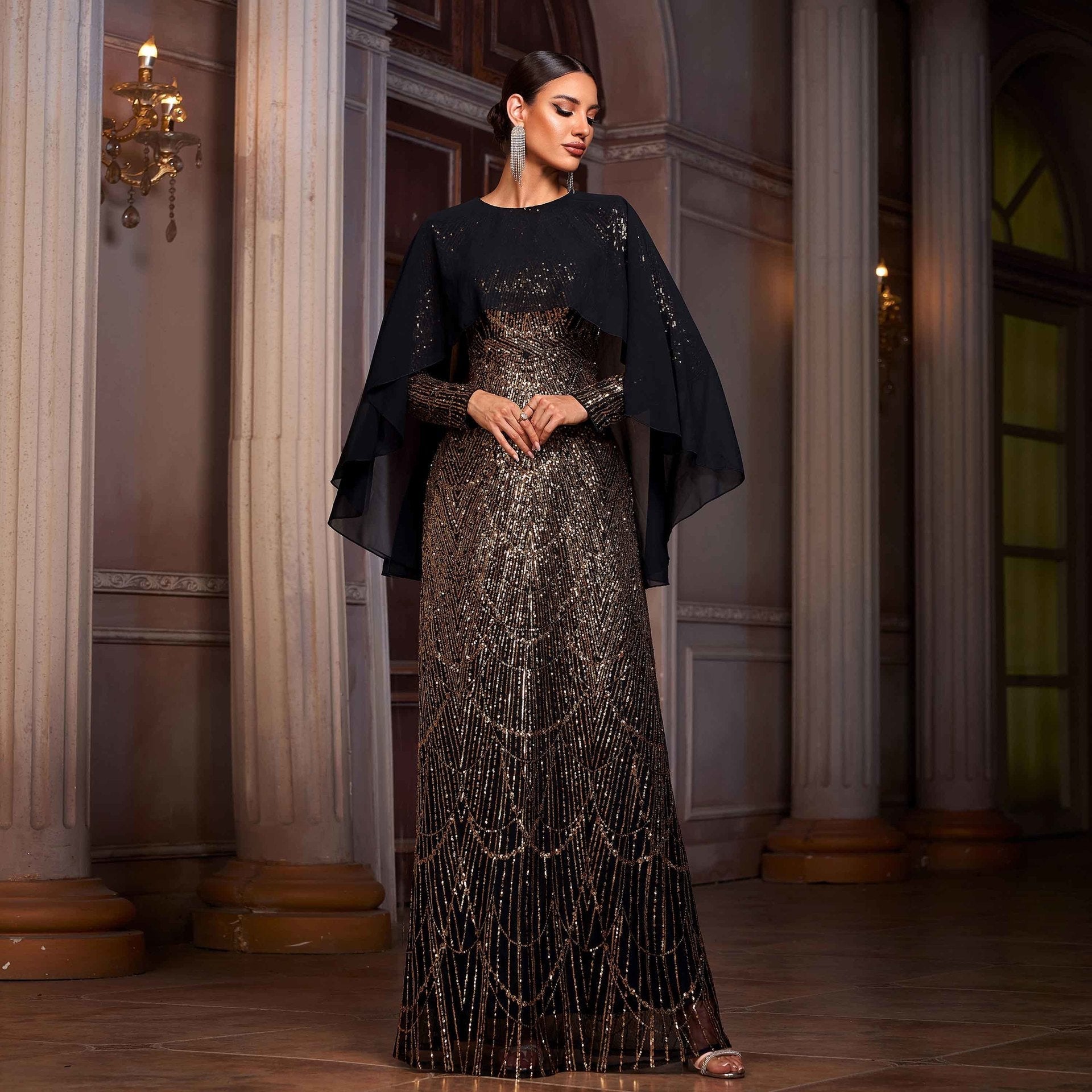 Women Clothing High Grade Long Sleeved round Neck Shawl Cocktail Sequined A Swing Evening Dress Women