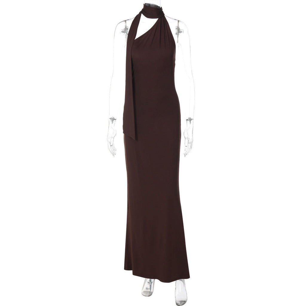 Women Solid Color Diagonal Collar Sleeveless Ribbon Backless Maxi Dress