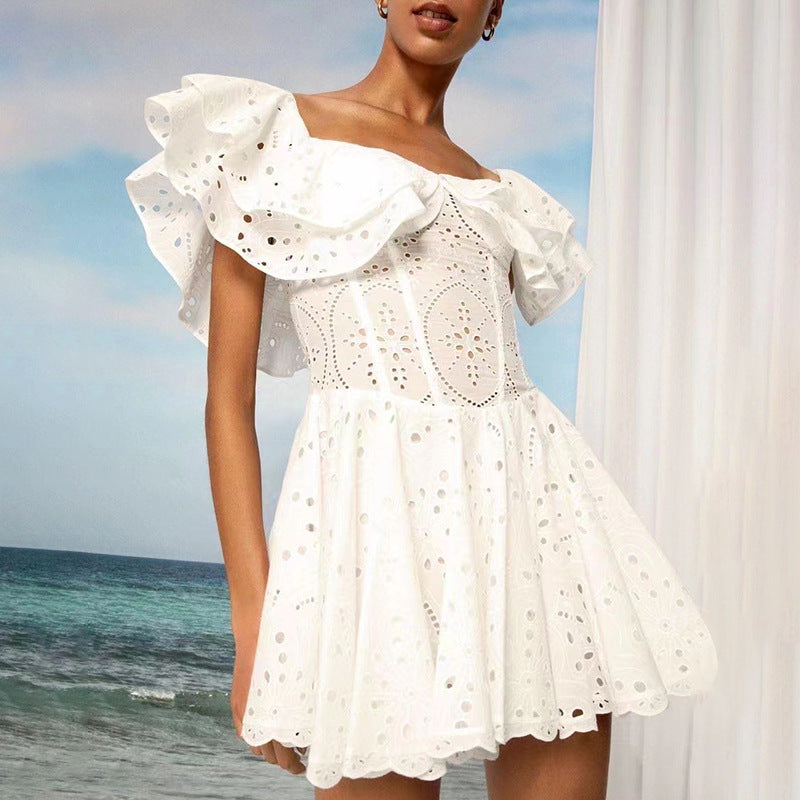 Summer Off Shoulder Lotus Leaf Embroidered Waist Slimming Vacation Dress Slim Fit Slimming Dress