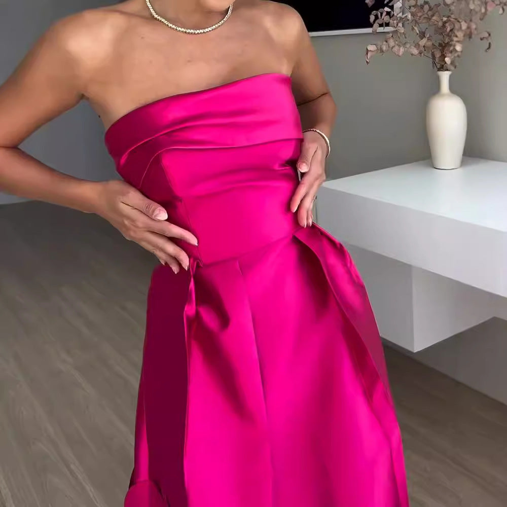 Stitching round Satin Sexy Tube Top High Waist Dress Evening Dress