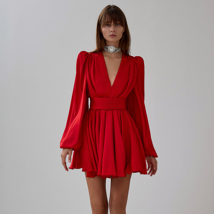 French Pleated Dress Women Puff Sleeve V neck Waist Seal Slimming Satin A line Dress