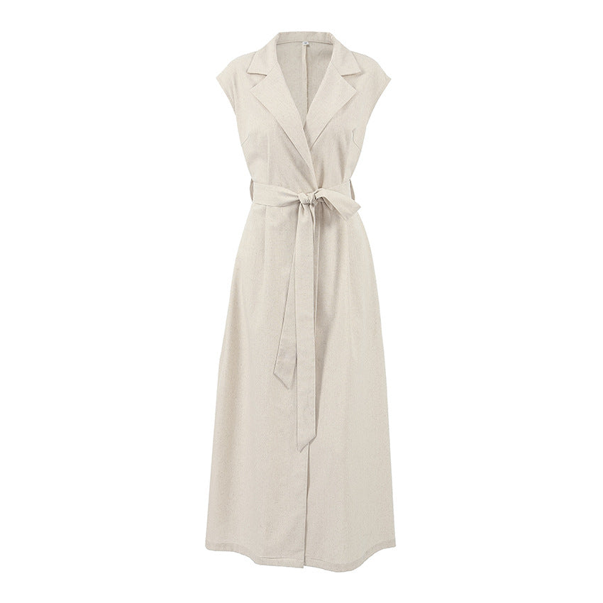 Women Cotton Linen Collar Belt Office Dress Spring Summer Dress