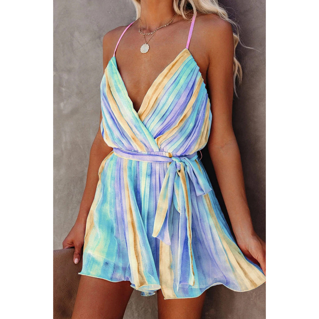 Spring Summer Suspender Pleated Chiffon Dress Home Lace up Sexy V neck Chiffon Dress