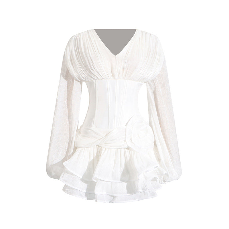 High Grade Socialite Ruffled Short Dress V neck Puff Sleeve Three Dimensional Floral Dress Women Summer